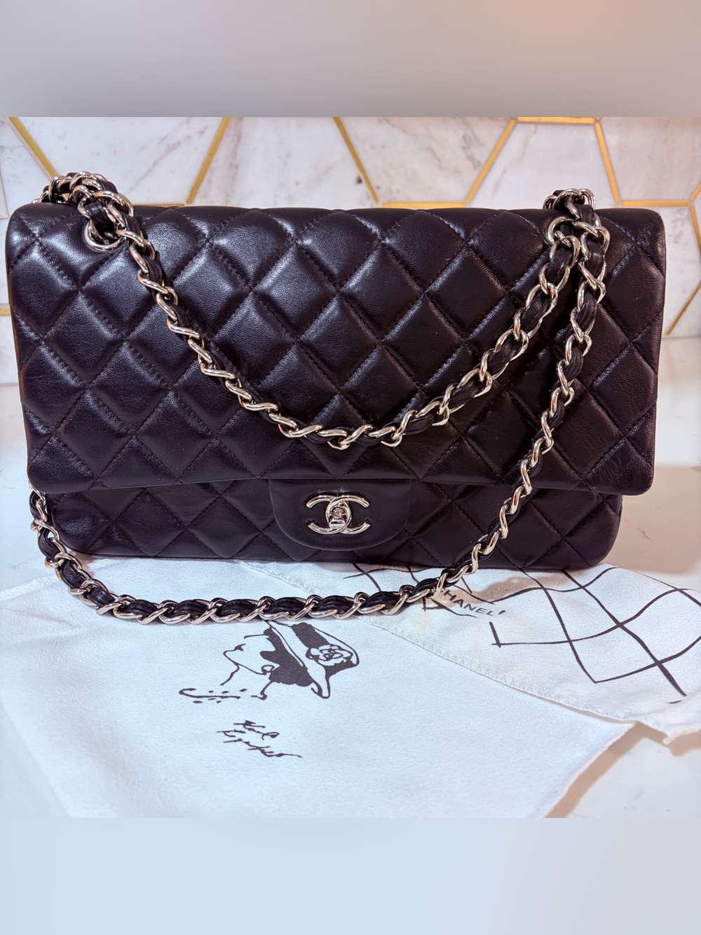 Black Quilted Lambskin Maxi Classic Double Flap | Silver woven chain